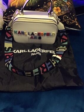Karl Lagerfeld White Camera Bag with Multicolor Logo Strap